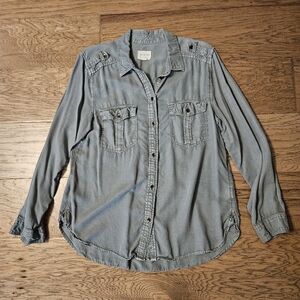 American Eagle Olive Green Button Up Utility Shirt Large Boyfriend Fit Sage